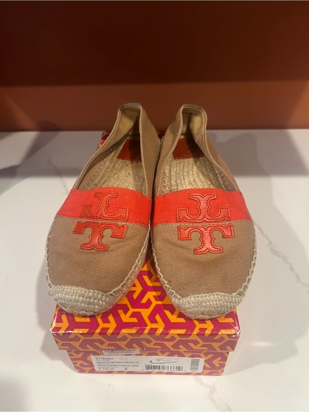 Tory Burch Tan Canvas Espadrille Flats with Coral Logo Band
